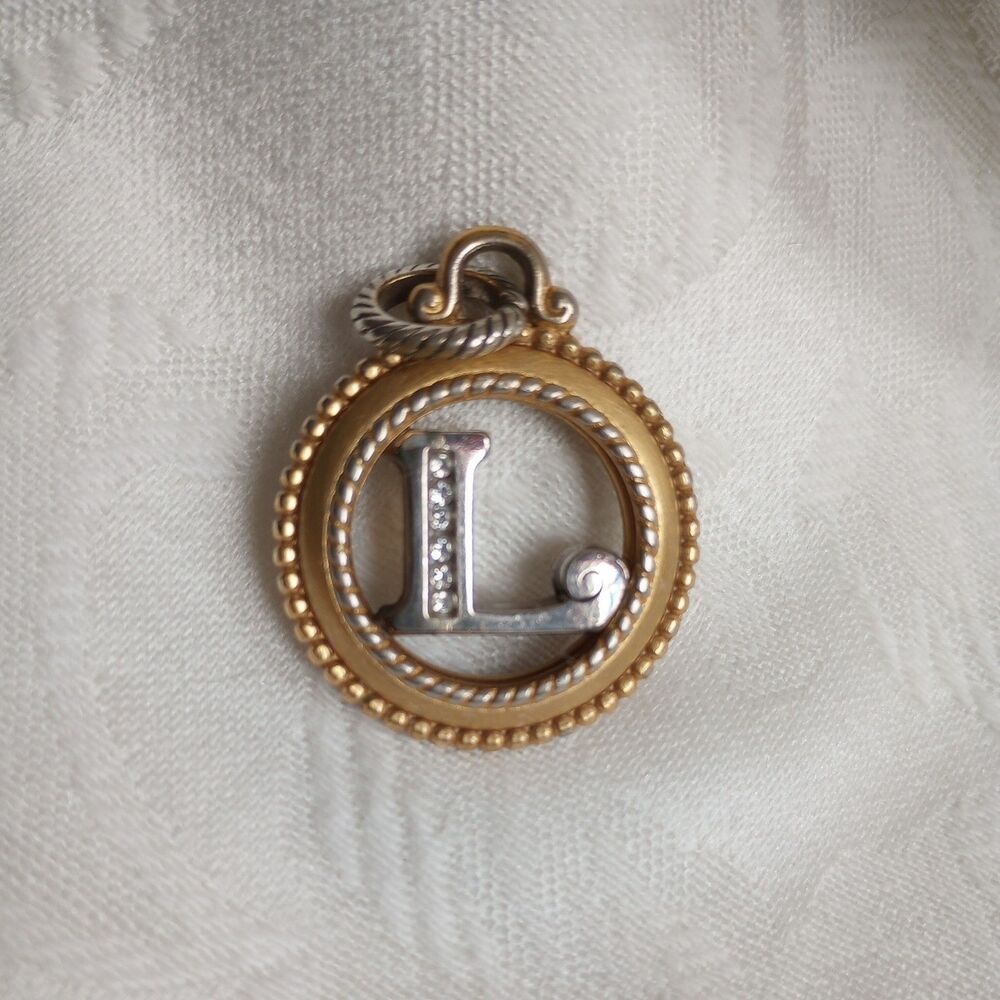 BRIGHTON NECKLACE PENDANT LETTER L monogram crystal accent 1 inch two-tone